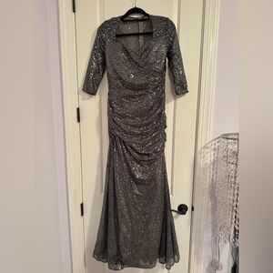 La Femme Silver Sequin Draped Evening Gown